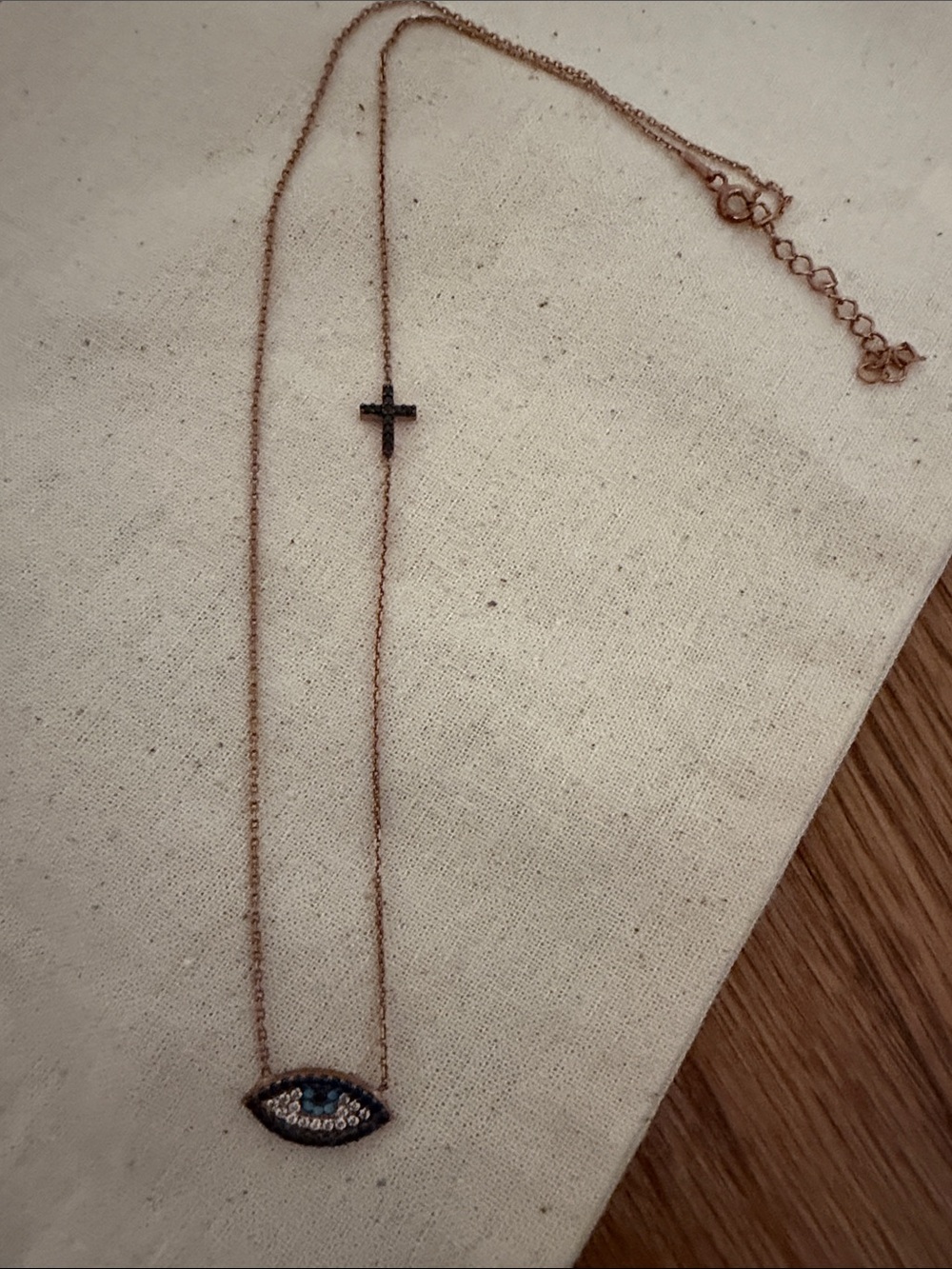 Rose Gold Evil Eye Necklace with Cross Accent